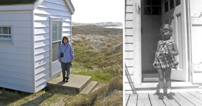 Two photos. One, a house with white siding and concrete doorsteps shown in 2008. The other shows the same backdoor in the 1960s, and a young girl with her fair hair and plaid cotton dress fluttering in the wind.